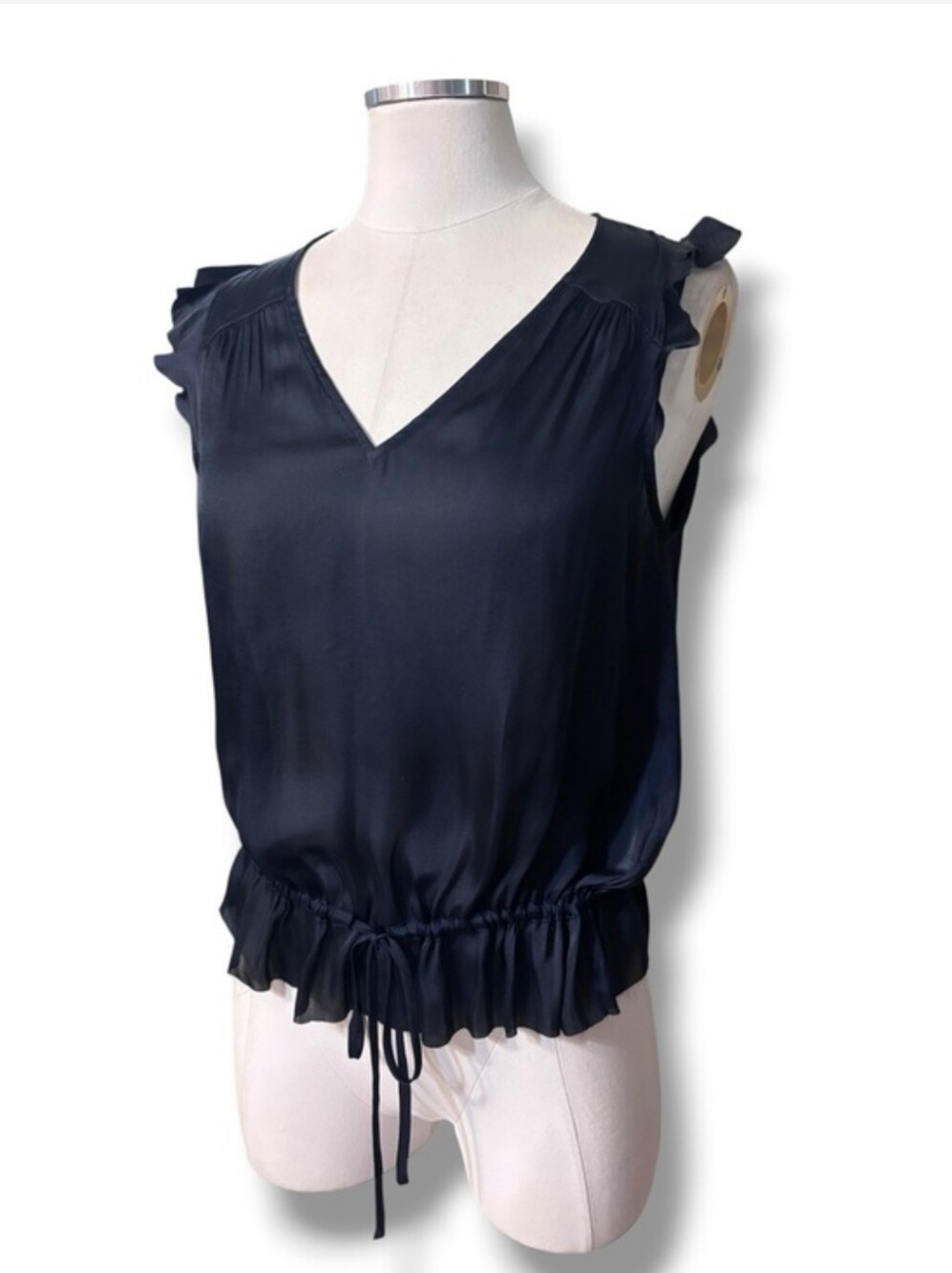BANANA REPUBLIC Navy Soft Satin Ruffle Top Size XS